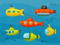 Submarines set. Yellow hilarious design bathyscaphes and red iron scuba floats with propellers and round portholes fun