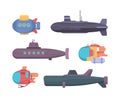 Submarines. Travel diving underwater boat explorer propeller ship vector collection Royalty Free Stock Photo