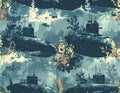 Submarines and underwater plants in a seamless pattern, a unique and captivating design for various applications Royalty Free Stock Photo