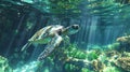 Submerged Beauty: AI-Generated Image of a Majestic Turtle Swimming Underwater