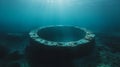 Submerged circular structure in murky blue waters, showcasing underwater scenery and atmosphere Royalty Free Stock Photo