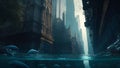 Submerged City: An Underwater Illustration of Urban Flooding. Apocalypse scenery.