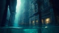 Submerged City: An Underwater Illustration of Urban Flooding. Apocalypse scenery.