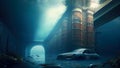 Submerged City: An Underwater Illustration of Urban Flooding. Apocalypse scenery.