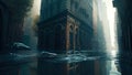 Submerged City: An Underwater Illustration of Urban Flooding. Apocalypse scenery.