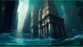 Submerged City: An Underwater Illustration of Urban Flooding. Apocalypse scenery.