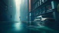 Submerged City: An Underwater Illustration of Urban Flooding. Apocalypse scenery.