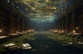 Submerged Colossal Library with Floating Books and Iridescent Moss-Covered Shelves