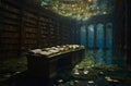 Submerged Colossal Library with Floating Books and Iridescent Moss-Covered Shelves