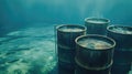 A submerged danger, rusty barrels release toxic tendrils, suffocating marine life.