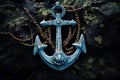 Submerged Old ship anchor on blue marine background. Generate ai Royalty Free Stock Photo