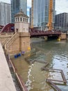 Submerged riverwalk alongside the Chicago River during flooding from a spring rainstorm