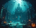 Submerged spooky castle ruins with pumpkins bats sun rays underwater Royalty Free Stock Photo