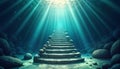 Submerged staircase leads to light source in deep ocean. Sunlight rays filter through water. Ancient stone steps descend into Royalty Free Stock Photo
