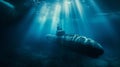 A submerged submarine is depicted, illuminated by beams of light filtering