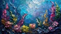 Submerged textures: the underwater world through impasto. the depth and richness of marine life with bold and textured