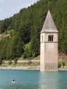 Submerged tower of reschensee church, man swimming next to it Royalty Free Stock Photo