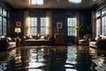 Submerged Tranquility: Flooded Living Room with Water Reaching Halfway Up the Furniture - Reflections of Floating Possessions