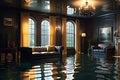 Submerged Tranquility: Flooded Living Room with Water Reaching Halfway Up the Furniture - Reflections of Floating Possessions