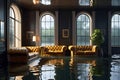 Submerged Tranquility: Flooded Living Room with Water Reaching Halfway Up the Furniture - Reflections of Floating Possessions