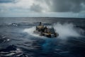 submersible approaches volcanic seamount, with steam and smoke venting from the vents