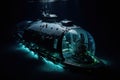 submersible descends into dark abyss, illuminating waters with its lights