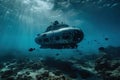 submersible, hovering above majestic seafloor, with schools of fish swimming in the background