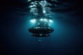 submersible hovering above school of fish, with only its lights and cameras visible