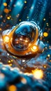 Submersible navigating through underwater scene filled with glowing lights and air bubbles. Vibrant aquatic setting Royalty Free Stock Photo