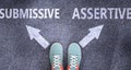 Submissive and assertive as different choices in life - pictured as words Submissive, assertive on a road to symbolize making