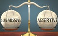 Submissive and assertive staying in balance - pictured as a metal scale with weights and labels submissive and assertive to