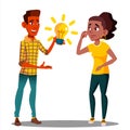 Submit An Idea, One Student Pulls A Glowing Light Bulb To Another Student Vector. Isolated Illustration Royalty Free Stock Photo