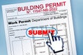 SUBMITTING FOR A BUILDING PERMIT CONCEPT with fictional Building Permit and submit icon web Royalty Free Stock Photo