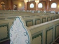 Subotica, Serbia, September 12, 2021 Benches, rows, seats and chairs in the synagogue. Internal interior. Jewish