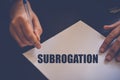 subrogation word written on white paper, law concept background Royalty Free Stock Photo