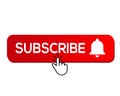 Subscribe, bell button and hand cursor. Red button subscribe to channel, blog. Social media background. Marketing. Vector Royalty Free Stock Photo