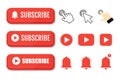 Subscribe, bell button and hand cursor. Red button subscribe to channel, blog. Social media background. Marketing. Vector