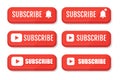 Subscribe, bell button and hand cursor. Red button subscribe to channel, blog. Social media background. Marketing. Vector