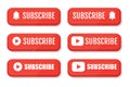 Subscribe, bell button and hand cursor. Red button subscribe to channel, blog. Social media background. Marketing. Vector