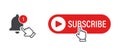 Subscribe, bell. Subscribe button with hand cursor and bell. Subscribe red button vector icon, isolated. Marketing. Vector