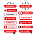 Subscribe, bell button set. Red button subscribe to channel, blog. Social media background. Marketing. Vector illustration