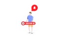 Subscribe button with bell icon. Man holds red button in his hands for channel and video blog in social media on white background Royalty Free Stock Photo