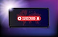 Subscribe button with bell icon in realistic smartphone with world map. Red button for channel and video blog in social media. Royalty Free Stock Photo