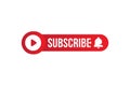 Subscribe button with bell icon. Red button for channel and video blog in social media on white background. Flat vector Royalty Free Stock Photo