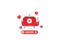 Subscribe button with bell icon in tv screen. Red button for channel and video blog in social media on white background. Flat Royalty Free Stock Photo