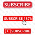 SUBSCRIBE channel, button color and hand cursor with shadow. Vector. EPS 10