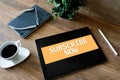 Subscribe button on device screen. Internet and digital marketing concept.