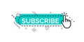 Subscribe button with finger and memphis design elements, creative art button for social media channel, web vector icon. Royalty Free Stock Photo