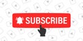 Subscribe button and hand cursor with play icons on background. Red button subscribe to channel, blog. Social media background. Royalty Free Stock Photo