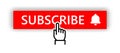 Subscribe button and hand cursor. Red subscribe button with notification bell to video channel mockup template Royalty Free Stock Photo